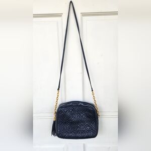 L.J. Simone Quilted Blue Leather Crossbody Bag with Gold Chain